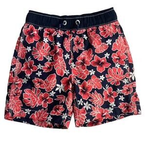 Gap Kids Tropical Hibiscus Swim Trunks - Navy Blue White Red - Small 6/7